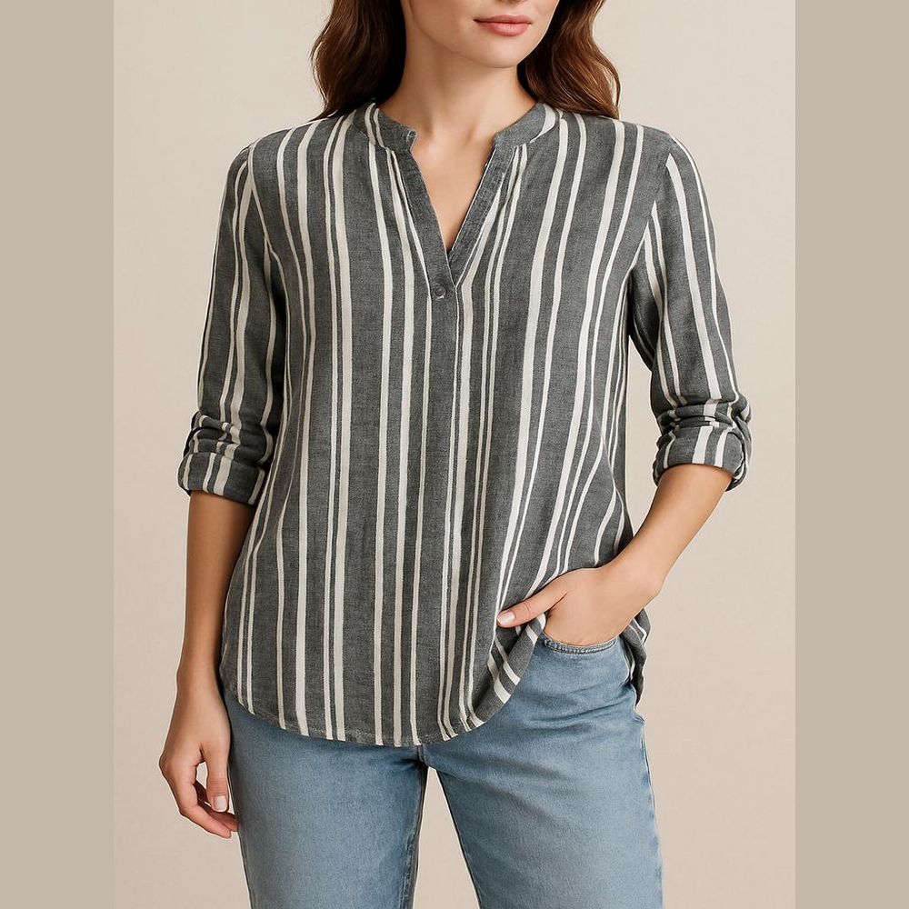 Ellen Tracy Gray and White Vertical Stripe Split-Neck Blouse